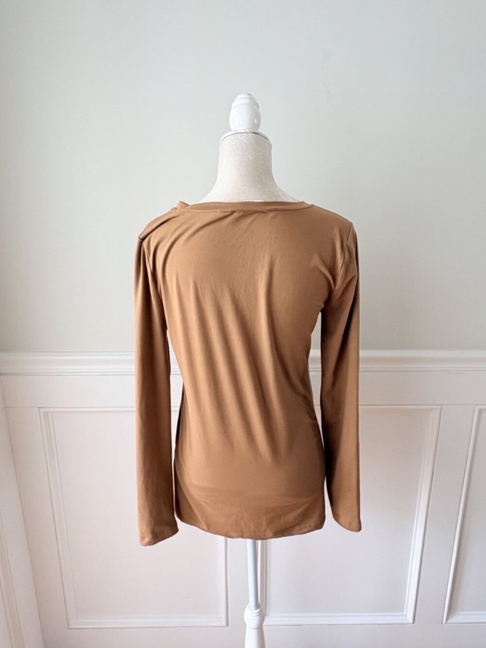 Zenana Womens Tan Long Sleeve V-Neck Top Stretch Size L - Picture 4 of 6